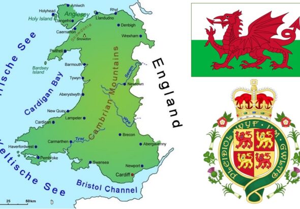 Wales-Landkarte-Flagge-Wappen