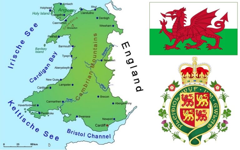 Wales-Landkarte-Flagge-Wappen